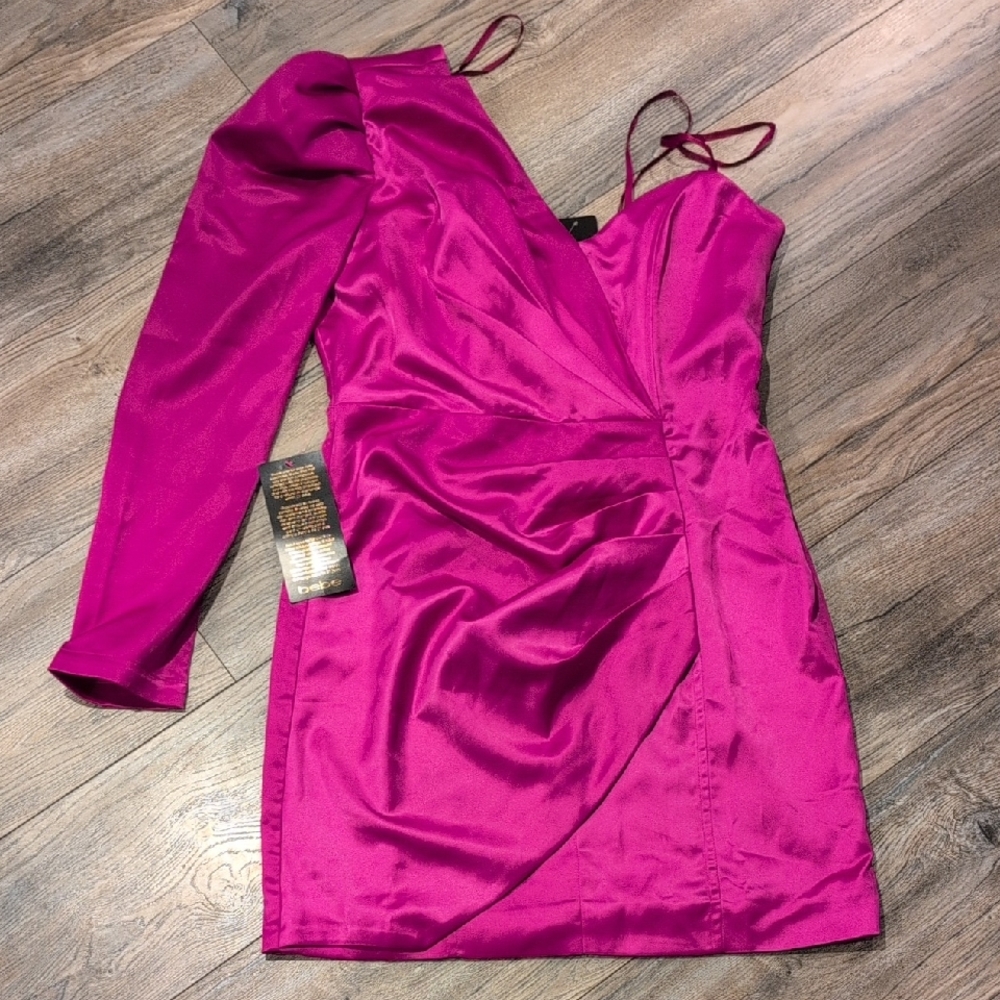 bebe One-Shoulder Satin Mini Dress in Fuchsia - Picture 1 of 7